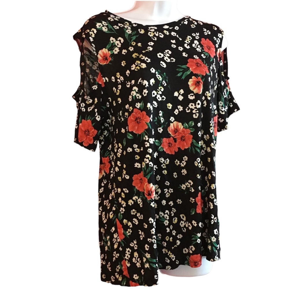 Shiela Rose Cold Shoulder, Black Orange Floral, Crew Neck, Stretch Blouse, M New